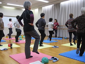 参加者が立って腰に手を当てて片足を上げてバランスを取っている様子